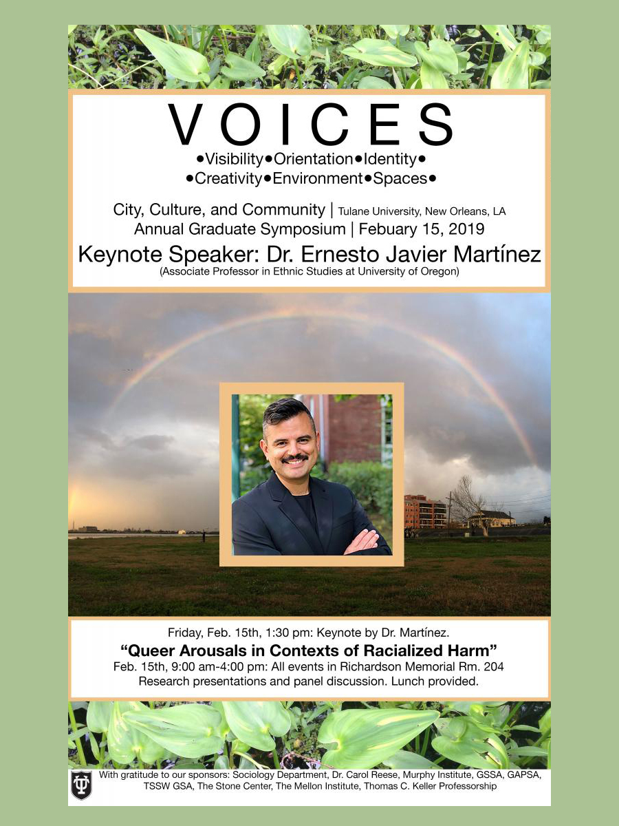 2019 Symposium poster with speaker image and rainbow